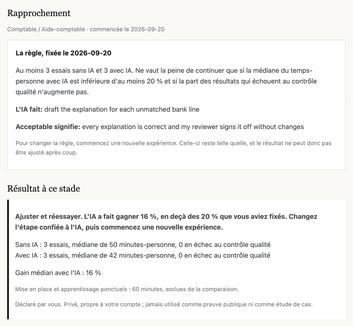 Une page d'expérience dans VOLO Pro : la règle fixée avant de commencer, puis le résultat — ajuster et réessayer.