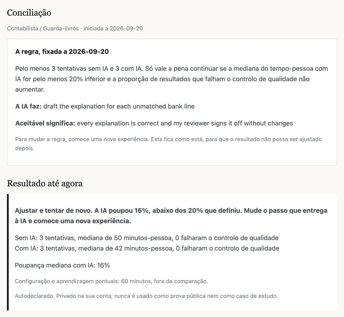 Uma página de experiência no VOLO Pro: a regra fixada antes de começar e, depois, o resultado — ajustar e tentar de novo.